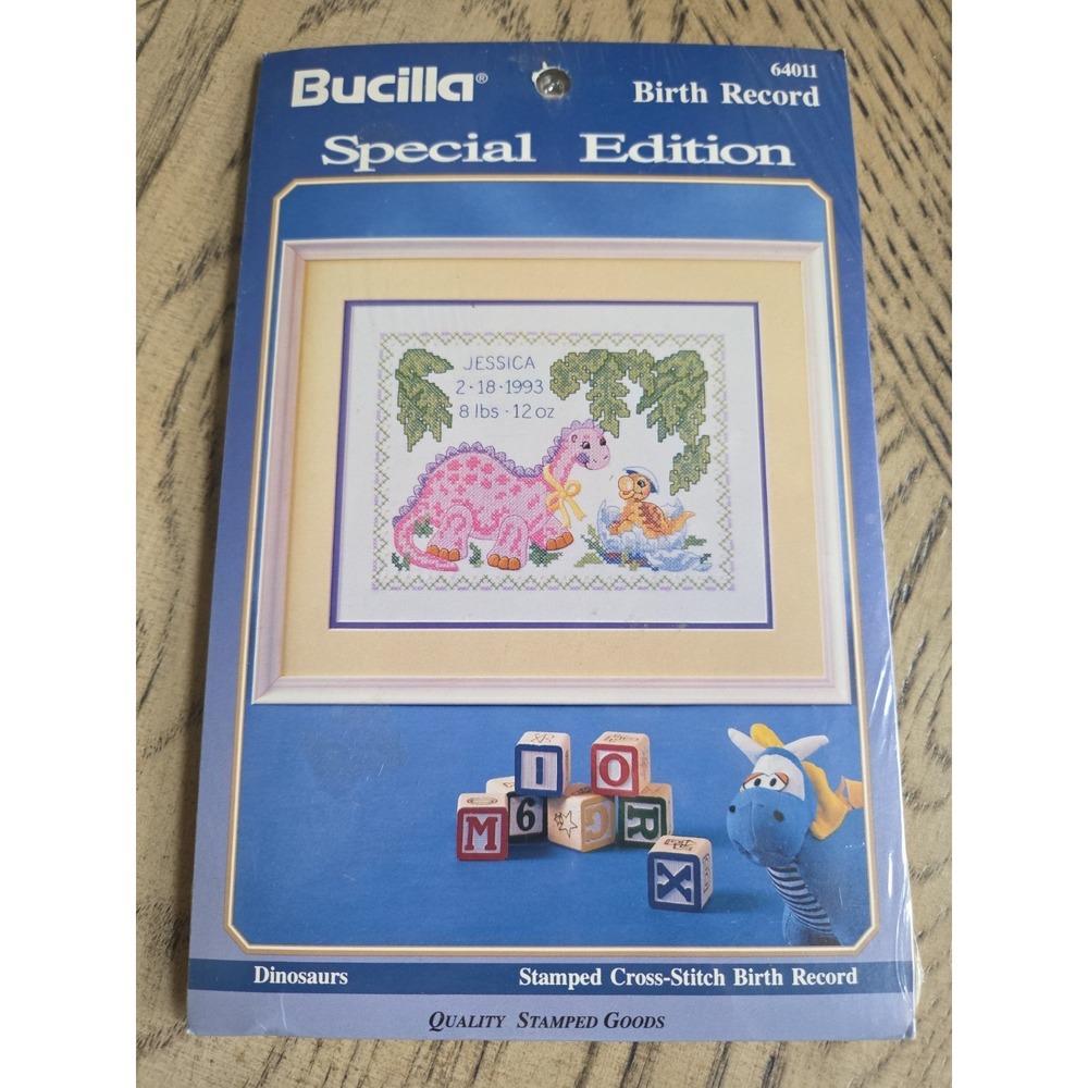 Bucilla Birth Record Stamped Cross Stitch Special Edition Vintage 1993 New Dino